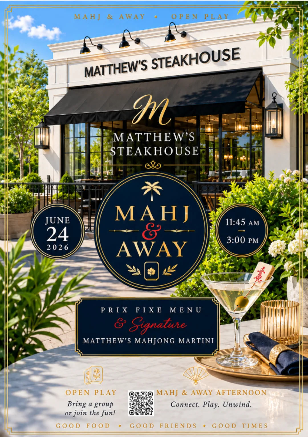 Flyer for Mahjong Night at Matthew's Steakhouse · June 24, 2026