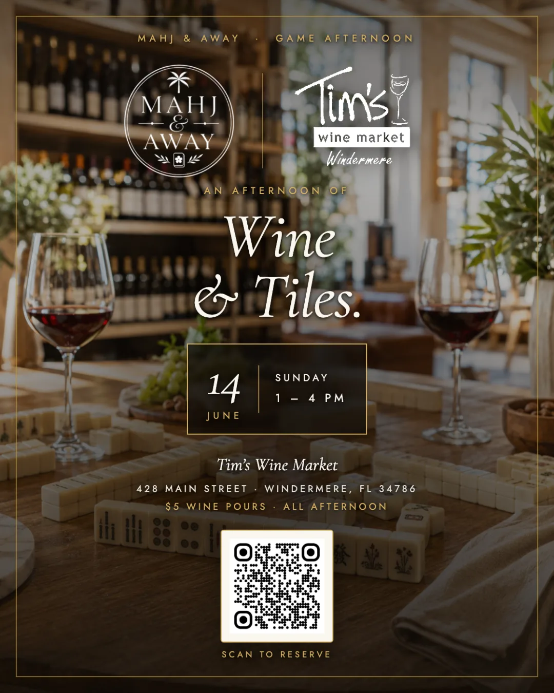 Flyer for Mahjong Night at Tim's Wine Market · June 14, 2026